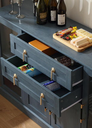 58.27" Contemporary Farmhouse Buffet Cabinet with Dual Drawers, LED Illumination, Adjustable Shelving, and Spacious Glass Door, Blue Finish with Gold Accents