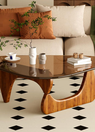 CAJCA Mid-Century Modern Coffee Table with Glass Top and Brown/Walnut Wood Base for Living Room