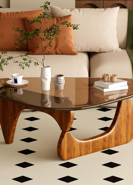 CAJCA Mid-Century Modern Coffee Table with Glass Top and Brown/Walnut Wood Base for Living Room