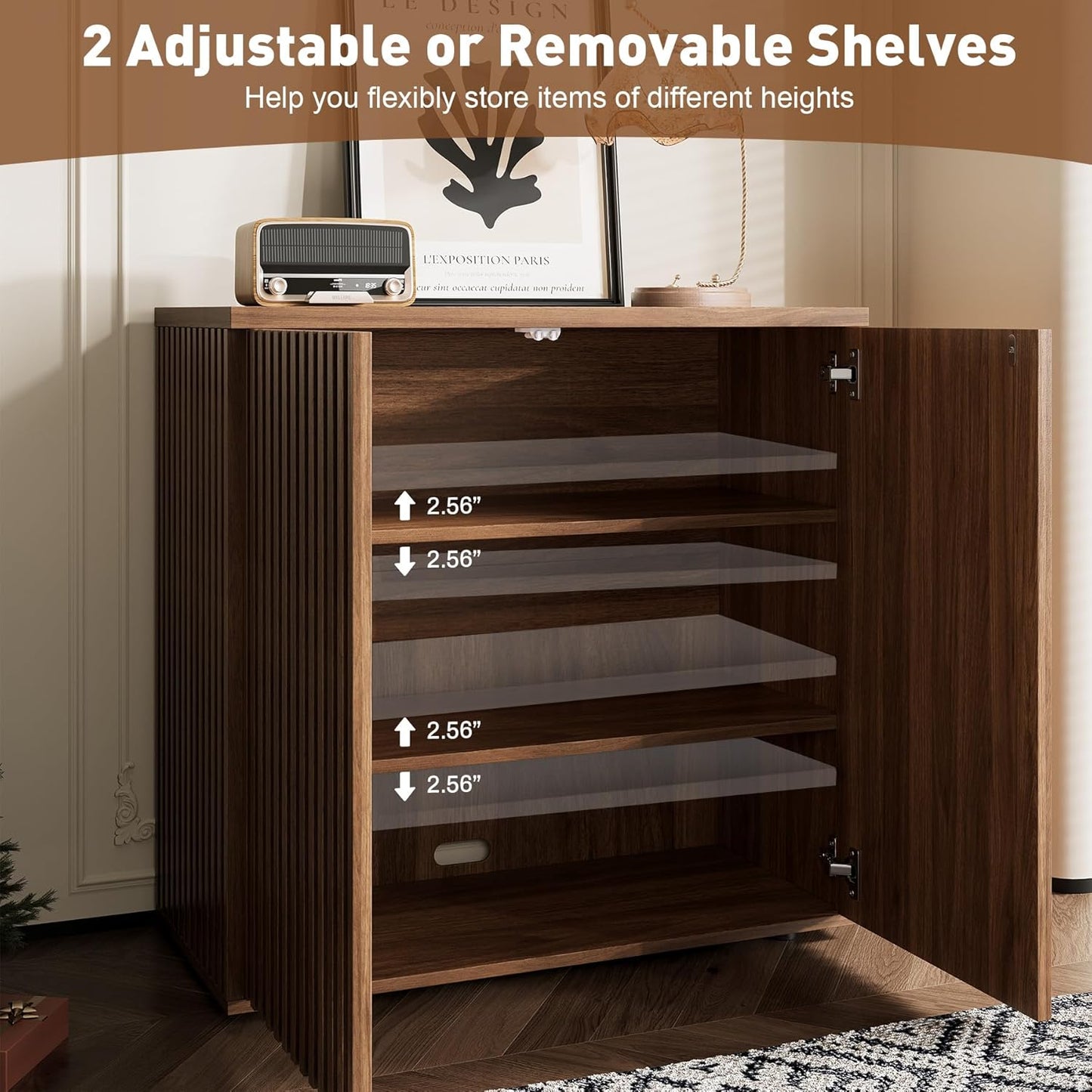 Fluted Sideboard Cabinet, Buffet Cabinet with Storage, Credenza Storage Cabinets with Adjustable Shelf, Wood Entryway Cabinets with Pop-Up Doors for Living Room, Entryway, Hallway, Walnut