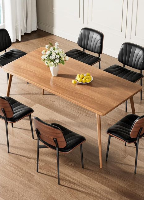 Set of 6 Mid-Century Modern Upholstered PU Leather Dining Chairs with Walnut Bentwood Back and Metal Legs, Featuring Adjustable Feet for Kitchen and Dining Room, Black Shell Strips