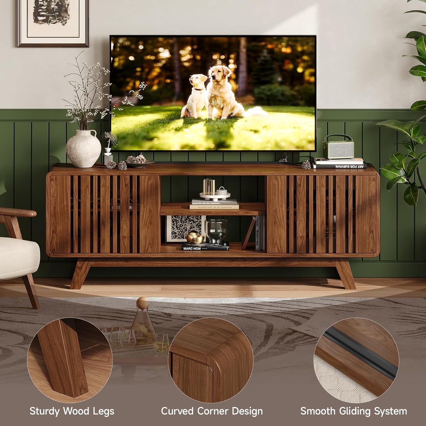 63-Inch TV Stand for Tvs up to 75 Inch, Mid-Century Modern Television Stand with Power Outlet, Entertainment Center with Sliding Grille Door Cabinets and Open Shelves for Living Room, Walnut