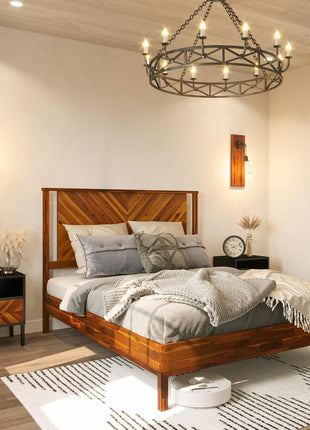 Vivian 14-Inch Deluxe Queen Bed Frame with Headboard, Rustic Scandinavian Design in Solid Acacia Wood, No Box Spring Required, 12 Durable Wood Slat Support, Easy Assembly, Rustic Golden Brown Finish