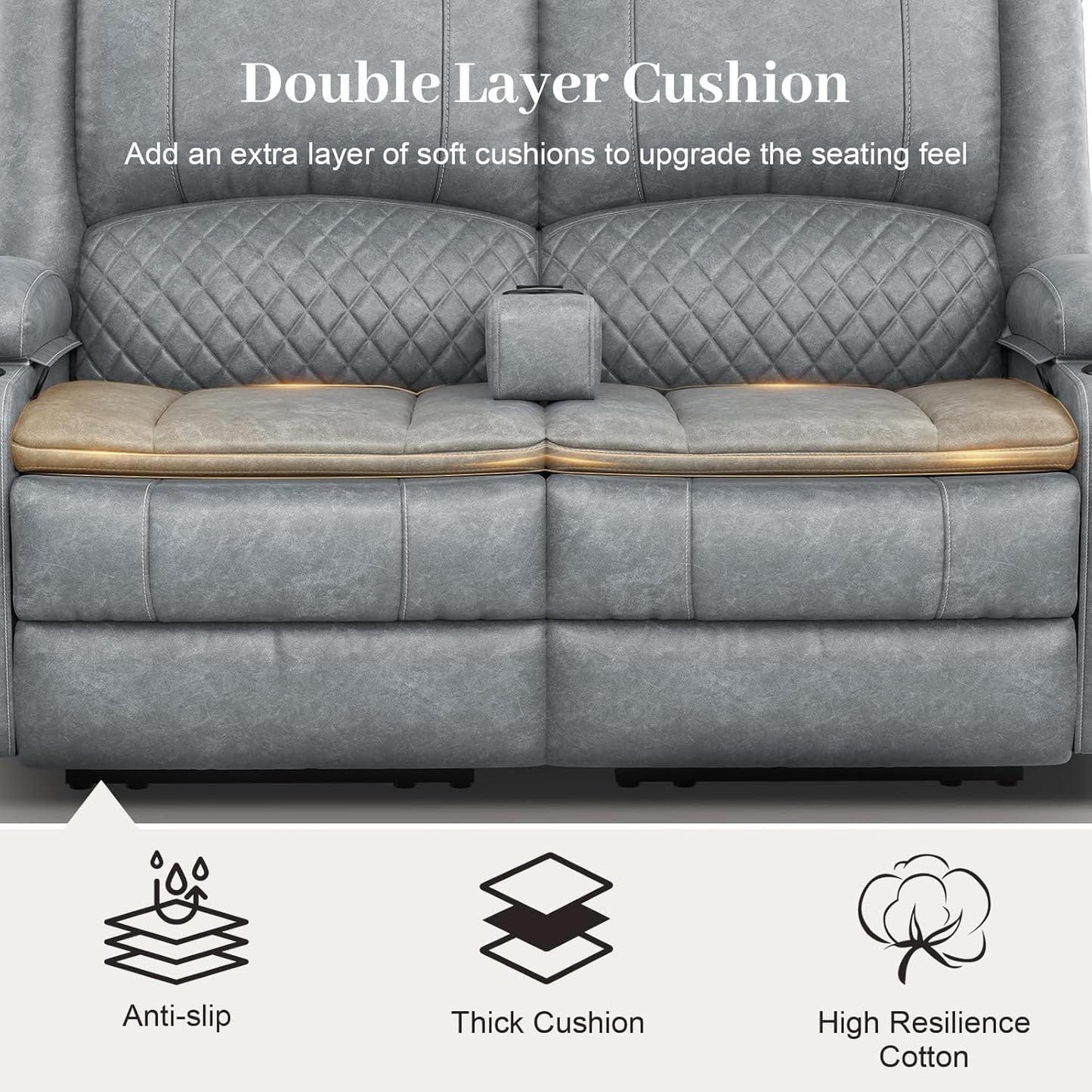 Loveseat Recliner Sofa, Manual Reclining Loveseat with Removable Armrest, PU Leather Double Recliner for RV with 2-Tier Cushions, USB Charging Ports, Cup Holders - Gray PU