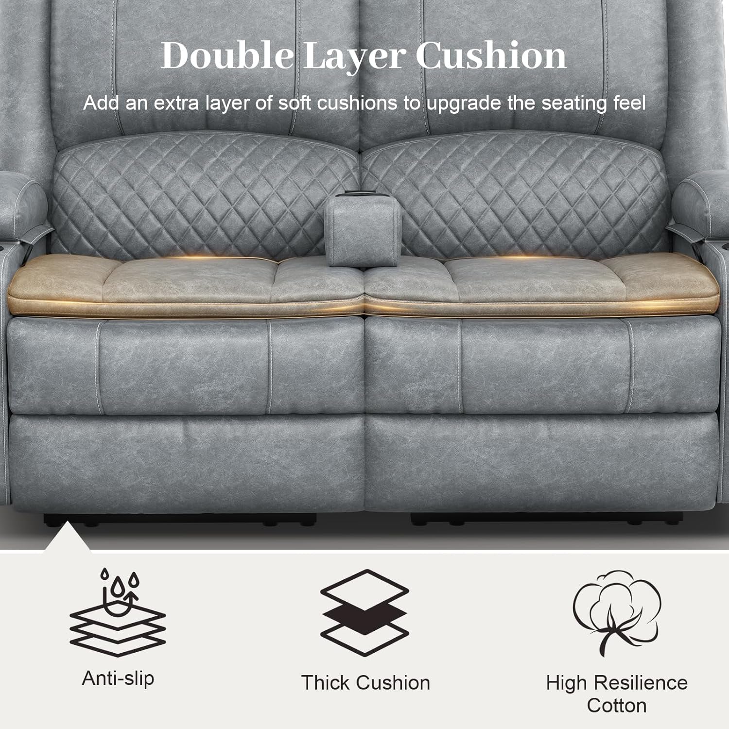 Loveseat Recliner Sofa, Manual Reclining Loveseat with Removable Armrest, PU Leather Double Recliner for RV with 2-Tier Cushions, USB Charging Ports, Cup Holders - Gray PU