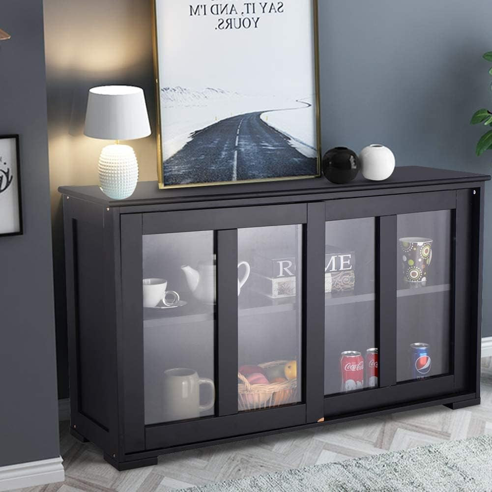 Kitchen Stackable Storage Cabinet with Height Adjustable Shelves & Glass Sliding Doors, Cupboard Server Buffet Console Sideboard, Black