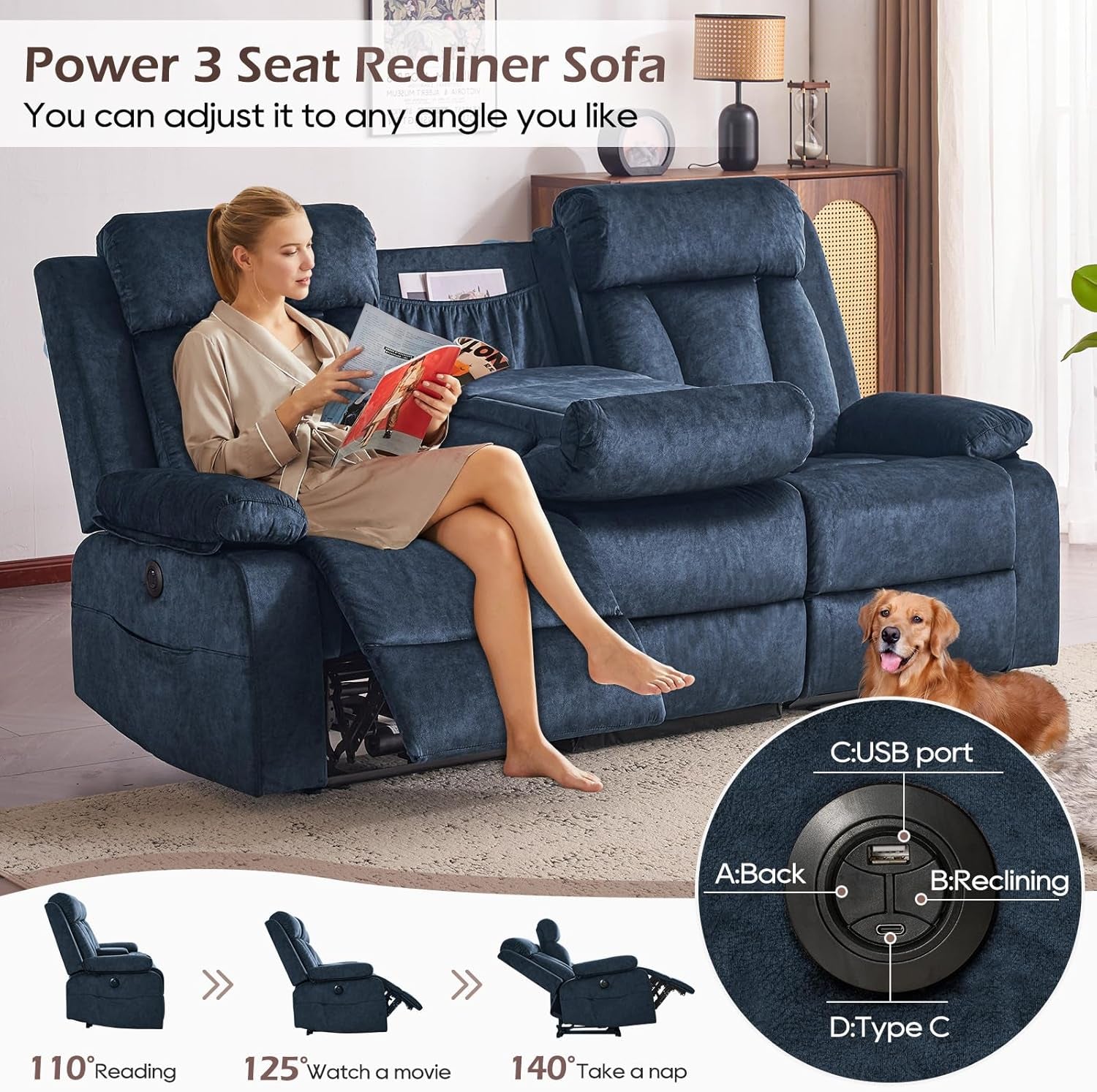 Power Recliner Sofa with Heat&Massage, Electric Reclining Couch with Multi-Function Console/Usb Ports/Type C, Wall Hugger 3 Seater-Sofa Recliner, Reclining Sofa Couch for Living Room
