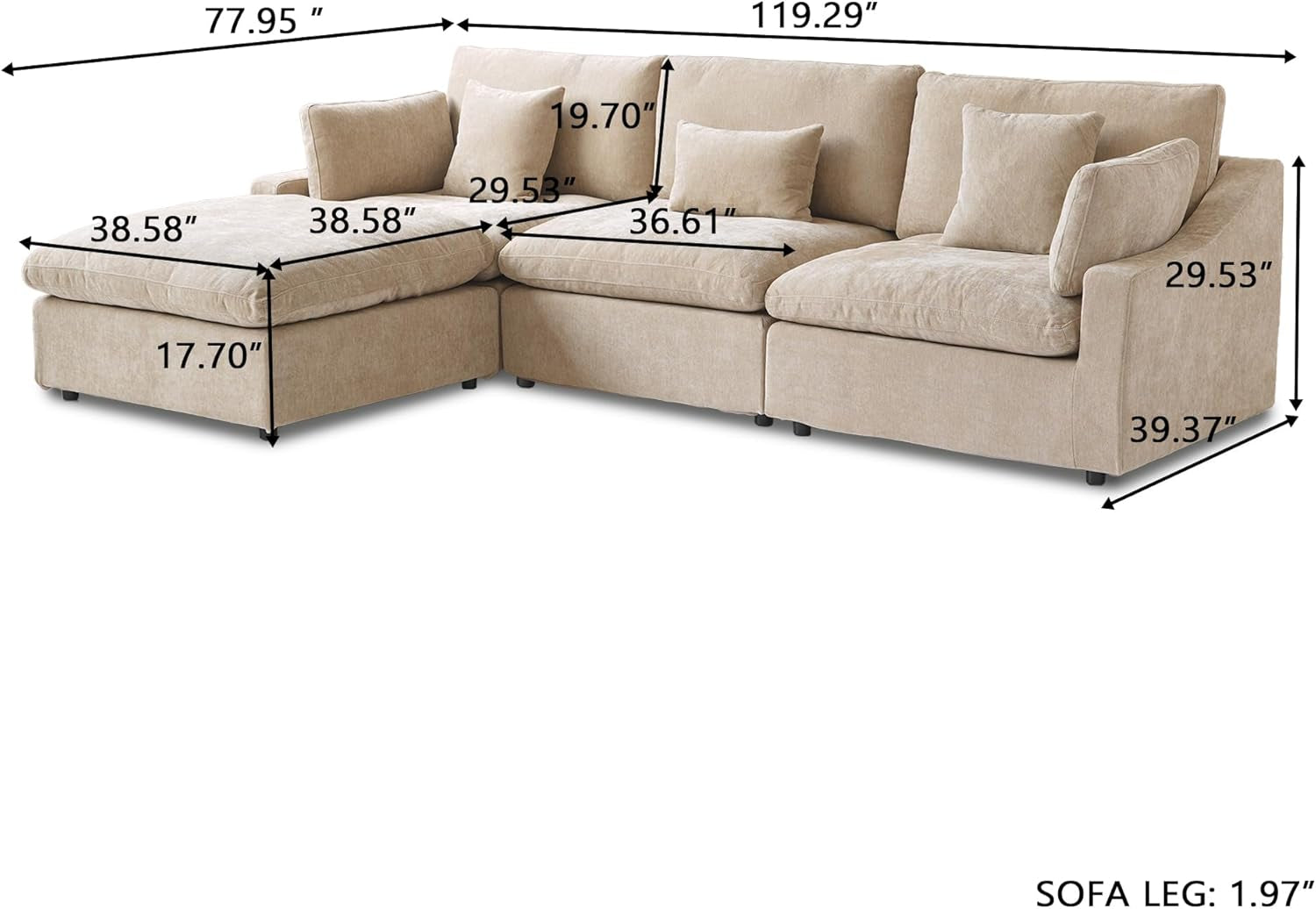 Modular Sectional Sofa Cloud Couch, 119.29" L Shaped Couch with Chaise Ottoman, Linen Blend Fabric Minimalist Deep Seat Sectional Couches for Living Room, Khaki Sofa Covers Washable&Removable