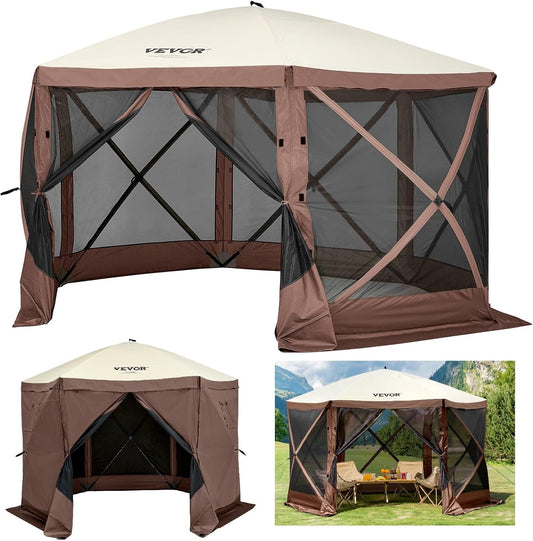 Pop up Gazebo Screen Tent, Pop-Up Instant Gazebo Tents with Mosquito Netting Outdoor Canopy, 6 Sided Sun Shelter 10X10Ft with 6 Removable Wind Cloths & 2 Mesh Windows, Pavilion Tent for Patio