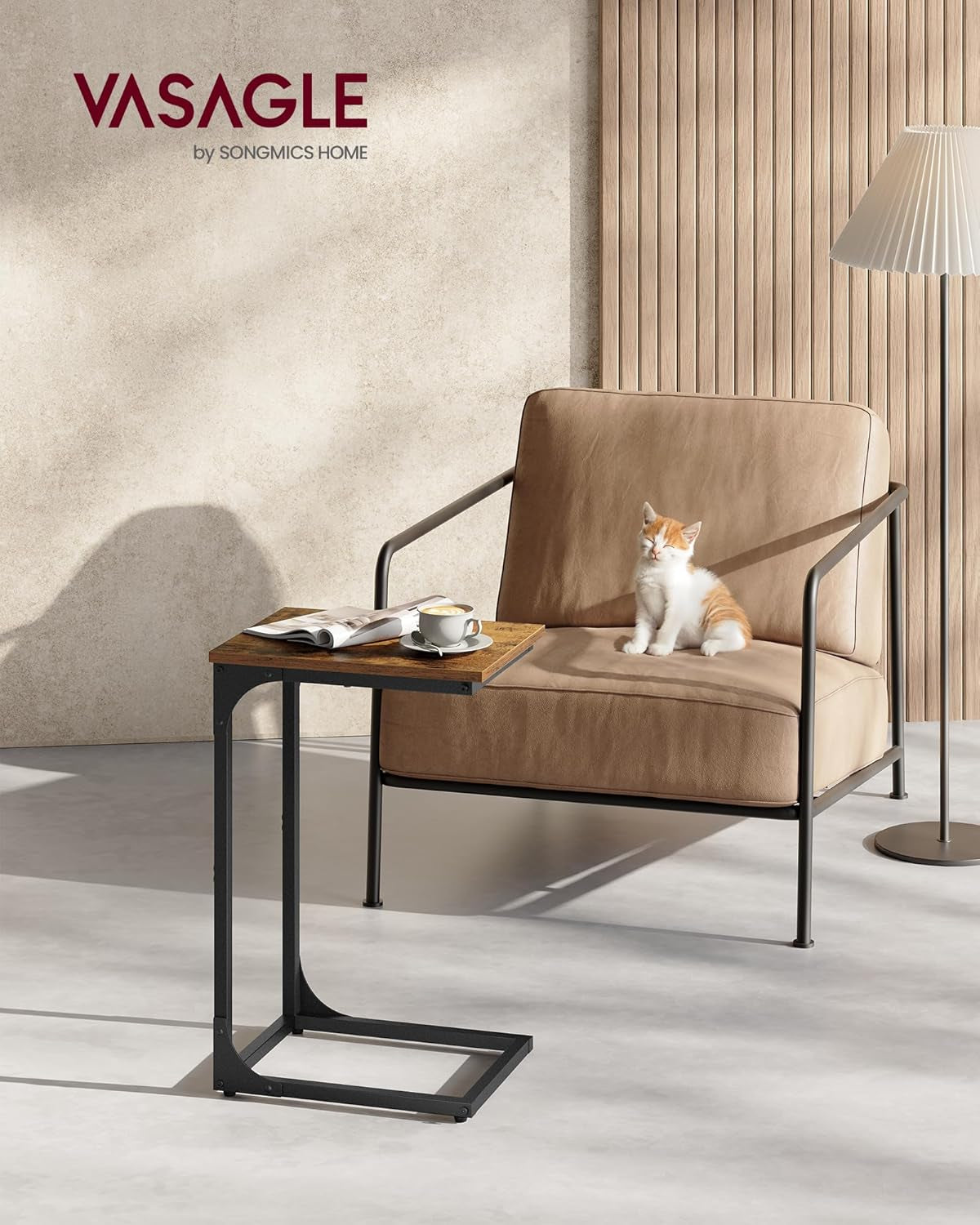 C-Shaped End Table, Small Side Table for Couch, Sofa Table with Metal Frame for Living Room, Bedroom, Bedside, Rustic Brown and Black