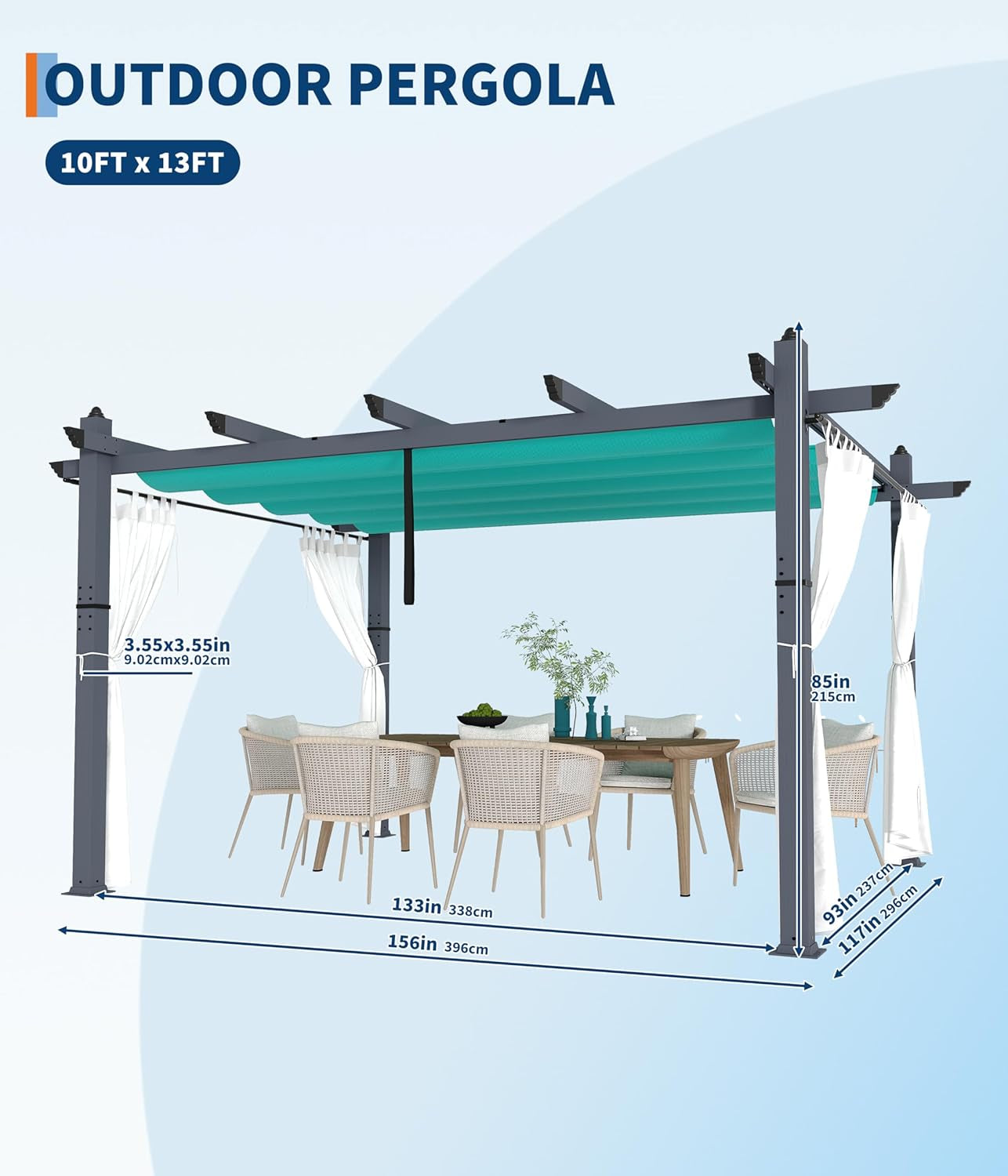 10 X 13 Ft Aluminum Pergola, Outdoor Metal Gazebo with Adjustable Canopy, Reinforced Frame Outdoor Shelter for Backyard Patio Garden Deck - Blue with Curtains Mosquito Netting