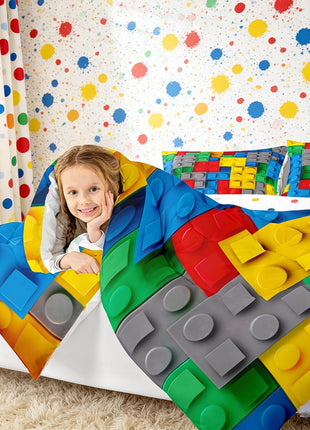3D Building Blocks Comforter Set - 7 Piece Twin Bed in a Bag, Colorful Construction-Themed Bedding with Gradient Rainbow Brick Design