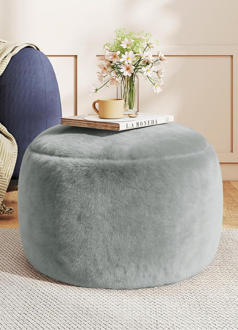Contemporary 20-Inch Foam-Filled Round Pouf Ottoman - Versatile Soft Floor Seating for Living Room, Nursery, or Dorm (Grey)
