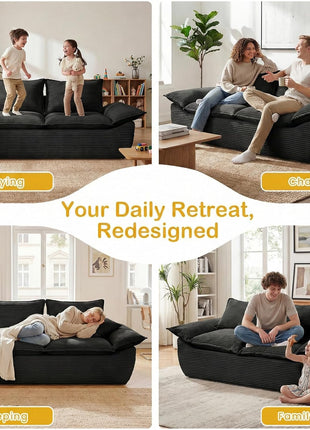 59-Inch Boneless Loveseat Sofa - Black 2-Seater with Removable Cushions and 2 Pillows, Compact Foam Couch for Living Room, Apartments, and Office