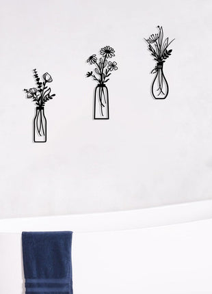 Set of 3 Rustic Black Metal Flower Wall Art - Minimalist Decor for Living Room, Bathroom, Bedroom, and Dining Room - Perfect Housewarming Gift (Black, Vase-C)