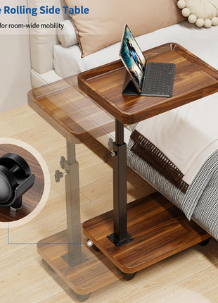 Adjustable Height C Table with 360° Swivel and Mobility Wheels for Compact Living Areas - Walnut Finish