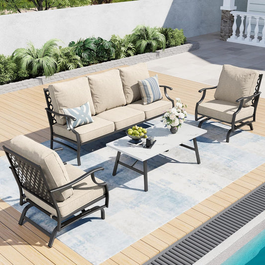 Patio Furniture Set, 4 Piece Modern Metal Outdoor Patio Furniture, 3 Seater Sofa, 2 Rocking Chairs, Coffee Table and 5.75" Extra Thick Cushion, Patio Conversation Set for Deck Backyard