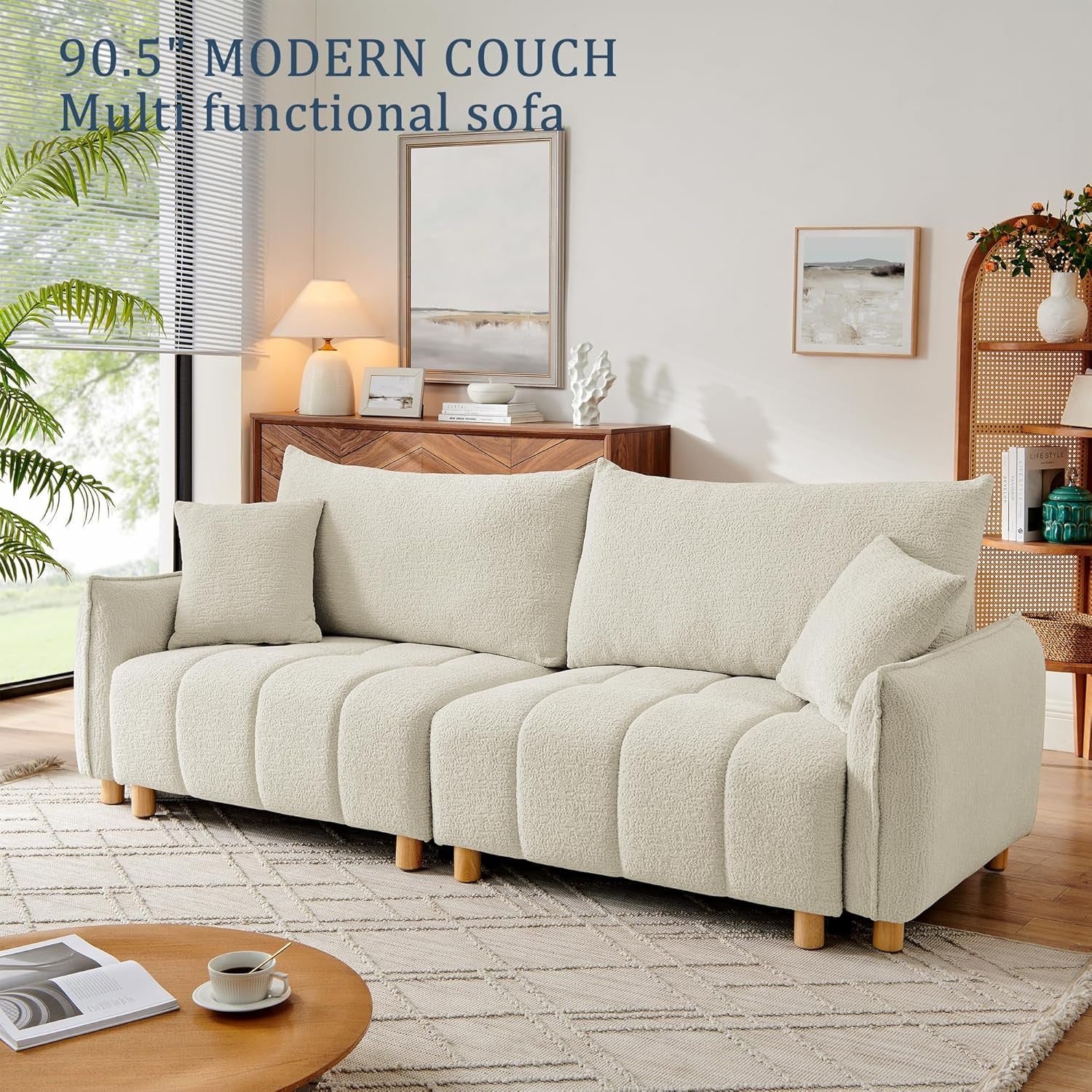 Sleeper Sof Bed Convertible Couch with Storge in Chenille Fbric Loveset for Living Room prtment nd Smll Spces(Crem)