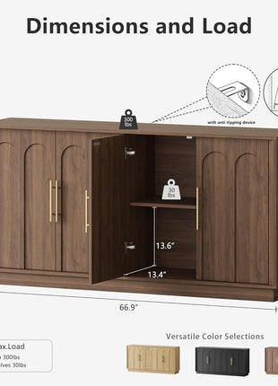 Mid-Century Modern Sideboard Buffet Cabinet with Arched Doors, Modular Media Console and Minimalist Design for Living Room, Kitchen, Dining Room, and Entryway in Walnut Finish