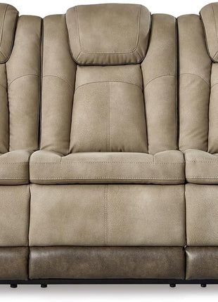 Signature Design by Ashley Next-Gen Durapella Power Reclining Sofa with Wireless & USB Charging, Zero-Gravity Feature, Adjustable Headrest, Water-Repellent Faux Leather, Drop-Down Table in Beige/Brown, 86 Inches