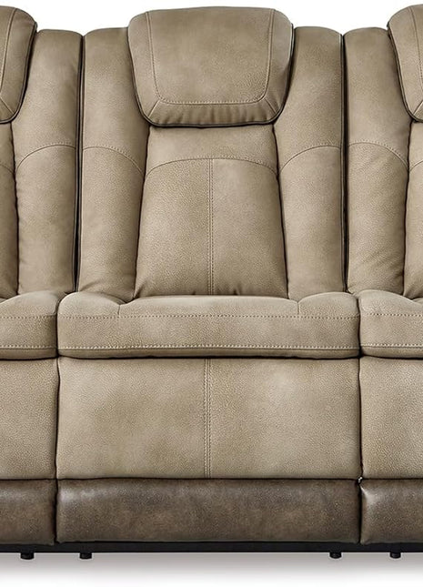 Signature Design by Ashley Next-Gen Durapella Power Reclining Sofa with Wireless & USB Charging, Zero-Gravity Feature, Adjustable Headrest, Water-Repellent Faux Leather, Drop-Down Table in Beige/Brown, 86 Inches