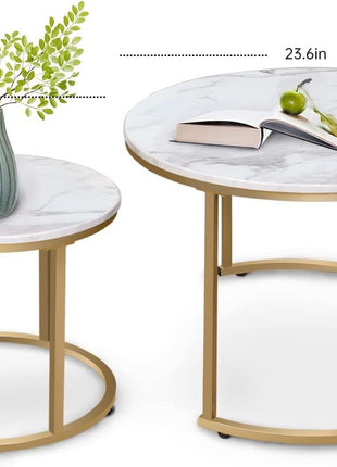 Modern Industrial Nesting Coffee Table Set of Two with Gold Frame and Marble Finish, White Circular Wooden Design for Living Room and Bedroom