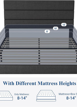 Queen Size Platform Bed Frame with Upholstered Headboard and Wooden Slat Support, No Box Spring Required, Easy Assembly, Dark Grey