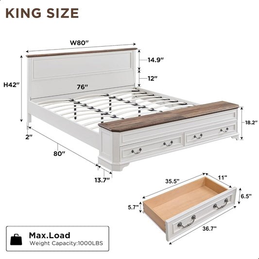 Farmhouse King Bed with Headboard and Storage Bench, Rustic Wood Platform Bed with 80" Storage Chest W/ 4 Large Drawer (Antique White)