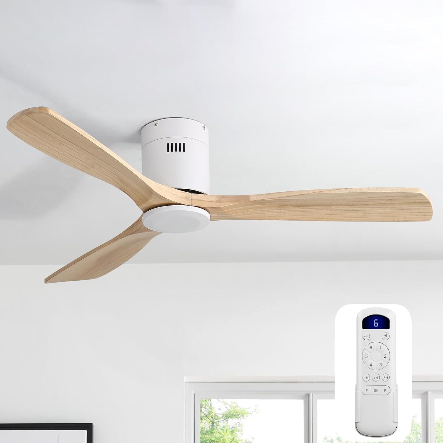 52 Inch Solid Wood Ceiling Fan without Lights Flush Mount Ceiling Fans with Remote Control-Wood Blades Modern Outdoor Ceiling Fan No Light for Bedroom/Farmhouse/Patio/Indoor,Natural Wood White