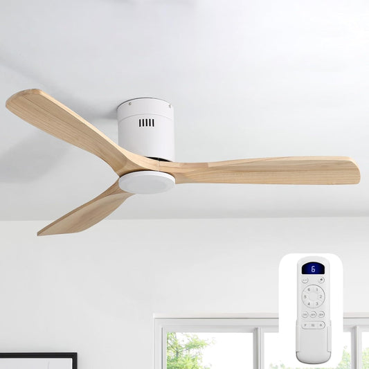 52 Inch Solid Wood Ceiling Fan without Lights Flush Mount Ceiling Fans with Remote Control-Wood Blades Modern Outdoor Ceiling Fan No Light for Bedroom/Farmhouse/Patio/Indoor,Natural Wood White