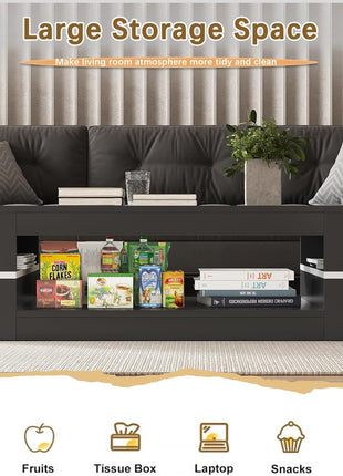 47.2" Contemporary Rectangular Glass-Top Coffee Table with Dual-Tier Wooden Storage for Living Room, Black