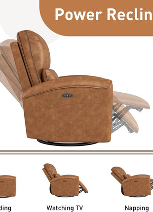 Power Swivel Rocker Recliner Chair with USB Charging Port, 23.2-Inch Wide Seat, Fixed Lumbar Support, Upholstered Glider for Nursery and Living Room, Brown