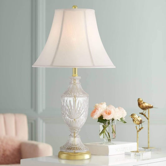 Traditional Glam Style Table Lamp 26.5" High Cut Glass Urn Brass Gold Metal Clear White Cream Bell Glass Shade Decor for Living Room Bedroom House Bedside Nightstand Home