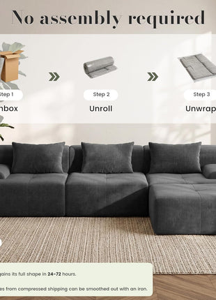 108'' Modular Tufted Sectional Sofa with Ottoman, Deep Seat L-Shape Couch, Dark Grey Corduroy with 3 Throw Pillows - Ideal for Living Room