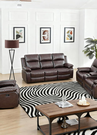 Leather Recliner Sofa Set: 3-Piece Sectional Furniture with Convertible Table & Cup Holders for Living Room, RV, or Office in Brown Leather