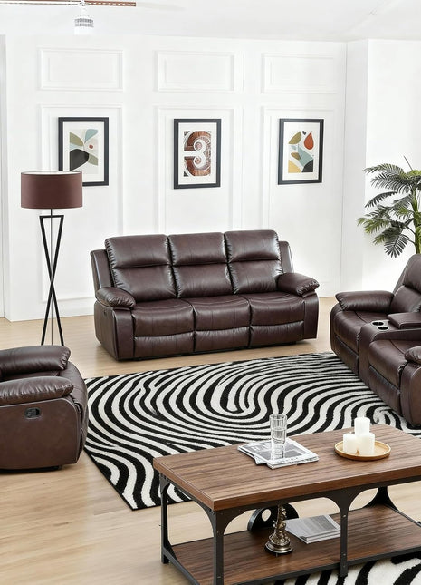 Leather Recliner Sofa Set: 3-Piece Sectional Furniture with Convertible Table & Cup Holders for Living Room, RV, or Office in Brown Leather