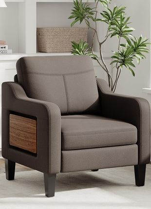 Contemporary Linen Upholstered Accent Chair with Foldable Table and Side Pockets for Living Room and Bedroom
