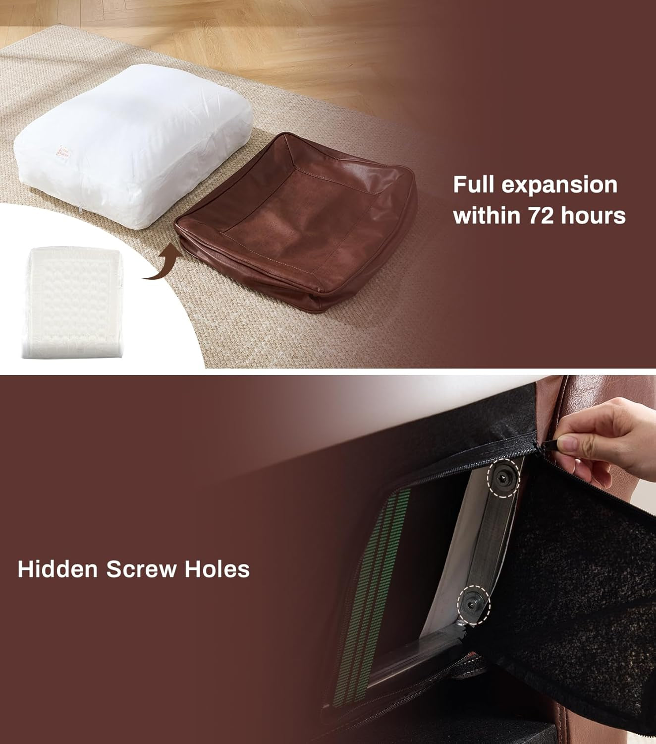 Mid-Century Modern Couch, Fux Lether Sof, 3 Seter Couch for Living Room with Rolled rms & Nilhed Trim, Drk Coffee