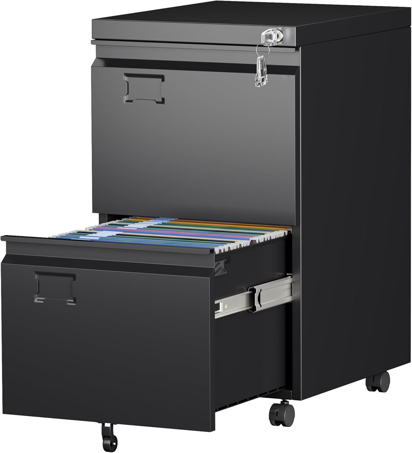 2 Drawer File Cabinet with Wheels, Lockable Metal Filing Cabinet with Business Card Slot for Legal/Letter Size Home Office, Required Assembled,Black