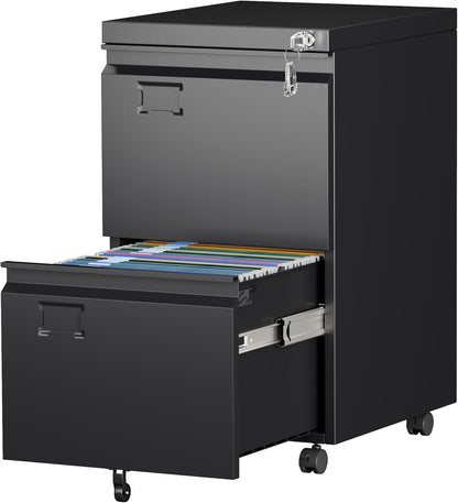 2 Drawer File Cabinet with Wheels, Lockable Metal Filing Cabinet with Business Card Slot for Legal/Letter Size Home Office, Required Assembled,Black