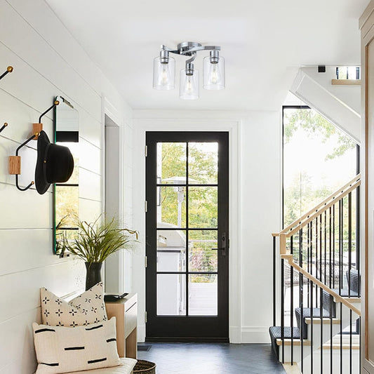 3-Light Semi Flush Mount Ceiling Light, Modern Close to Ceiling Light Fixtures with Clear Glass Shades, Chrome Light Fixture for Kitchen, Dining Room, Hallway, Entryway, Foyer
