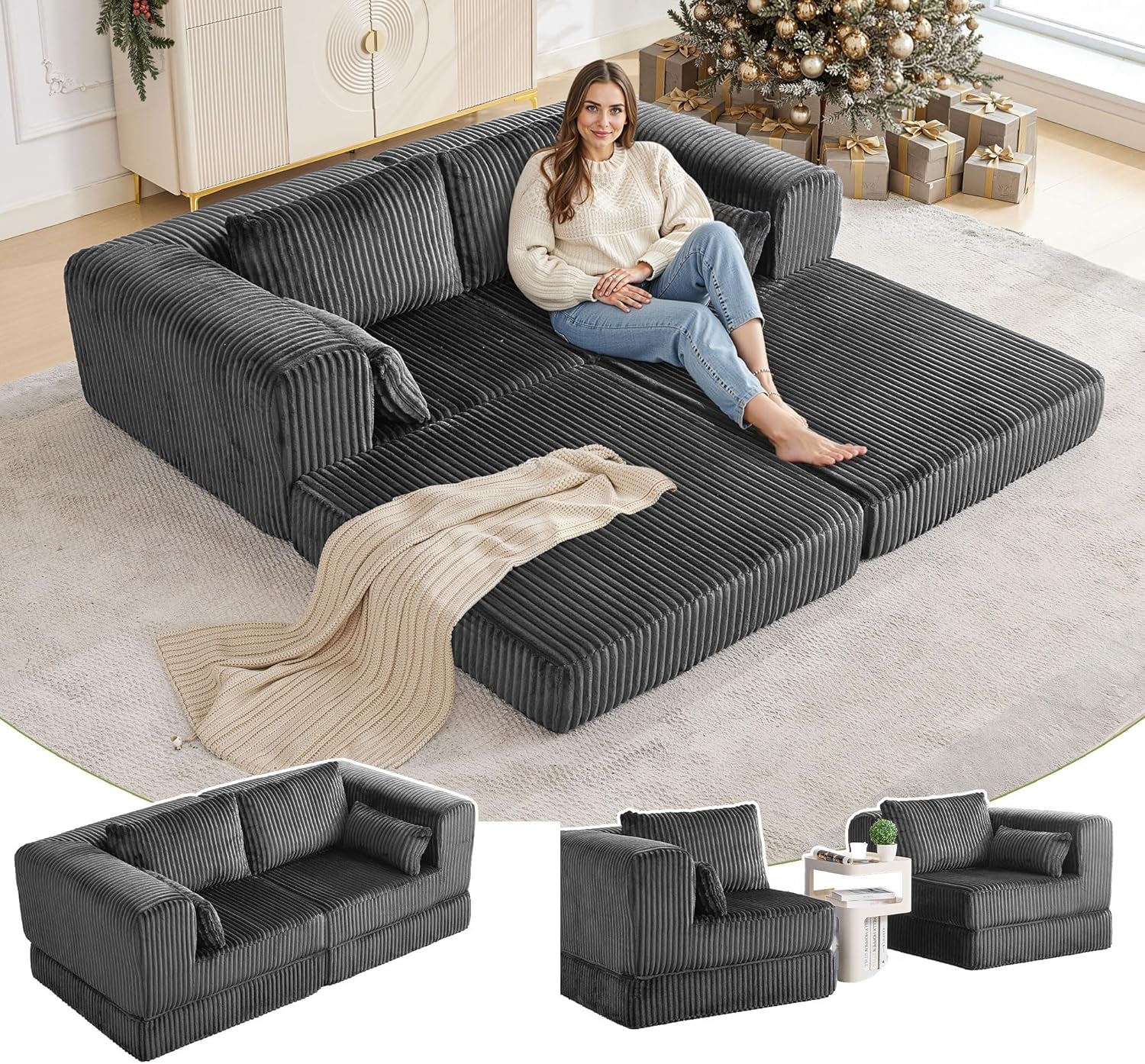 79" Corduroy Folding Convertible Sleeper Sofa Bed Queen, Grey Pull Out Floor Modular Couch with Pillow, Memory Foam Boneless Couchs Sectional for Living Room Bedroom (2, Grey)