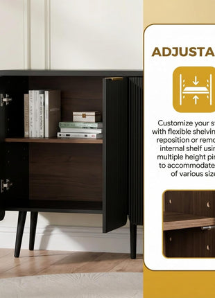 47.2" Contemporary Fluted Sideboard Cabinet with Four Doors, Wooden Storage Credenza with Shelves, Versatile Buffet Cabinet for Entryway, Dining, and Living Room, Black