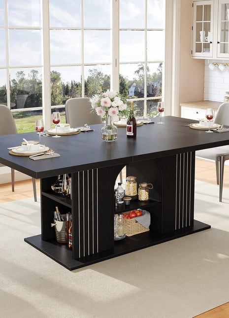 71-Inch Rectangular Black Oak Dining Table for Six with Storage, Durable Base, and Sophisticated Design for Contemporary Kitchens and Dining Areas