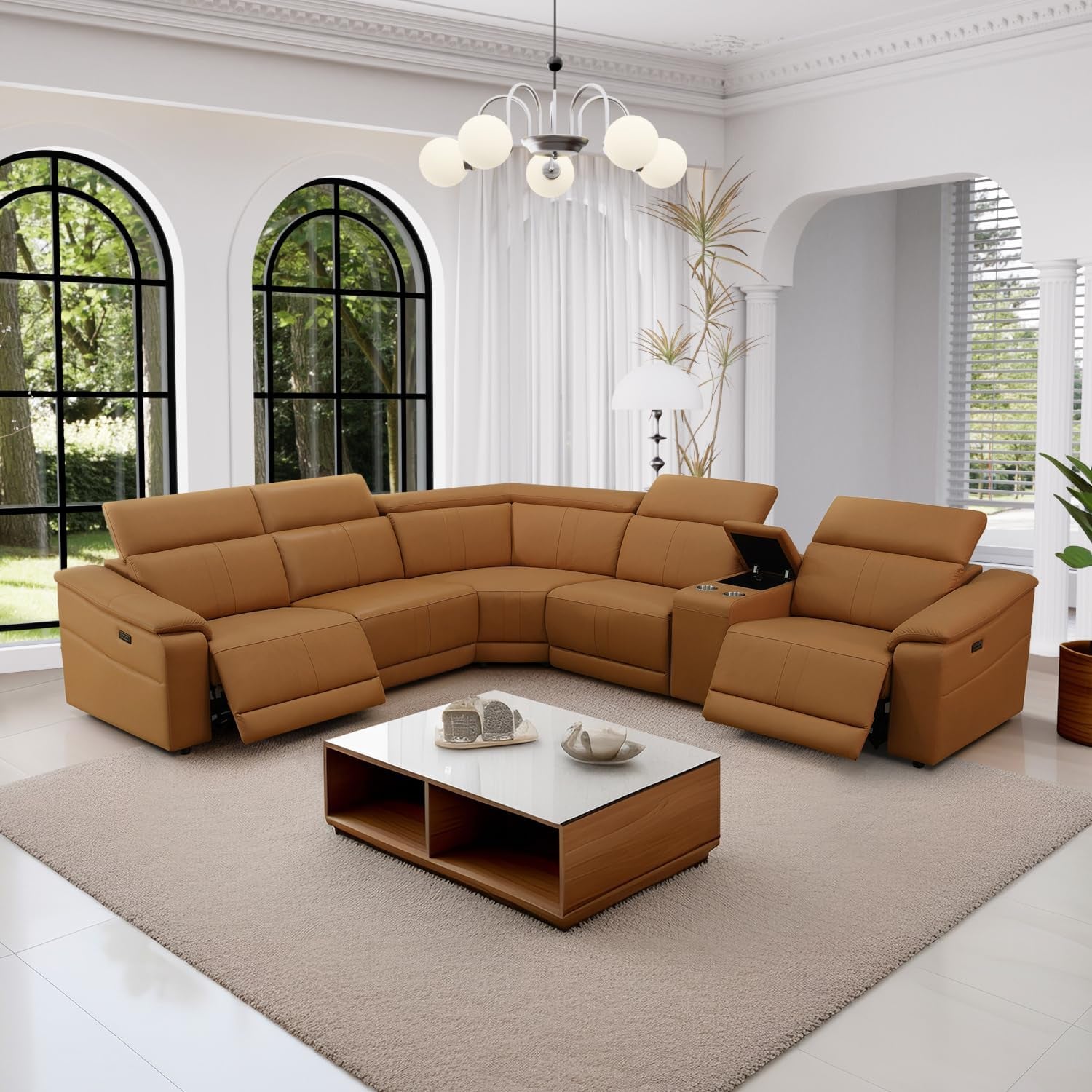 Power Recliner Sectional Sofa, L-Shaped Living Room Furniture Set, Light Brown Leather Sofa, Reclining Sectional Couch with Storage Console/Cup Holder for Living Room/House/Apt