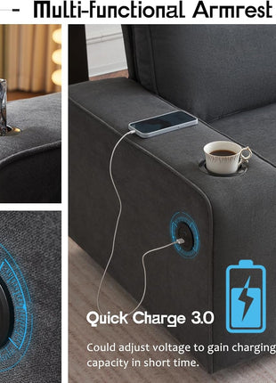 Contemporary Chenille Sofa Chair with Integrated Cup Holders and USB Ports, Charcoal Grey Upholstered Seating for Living Room