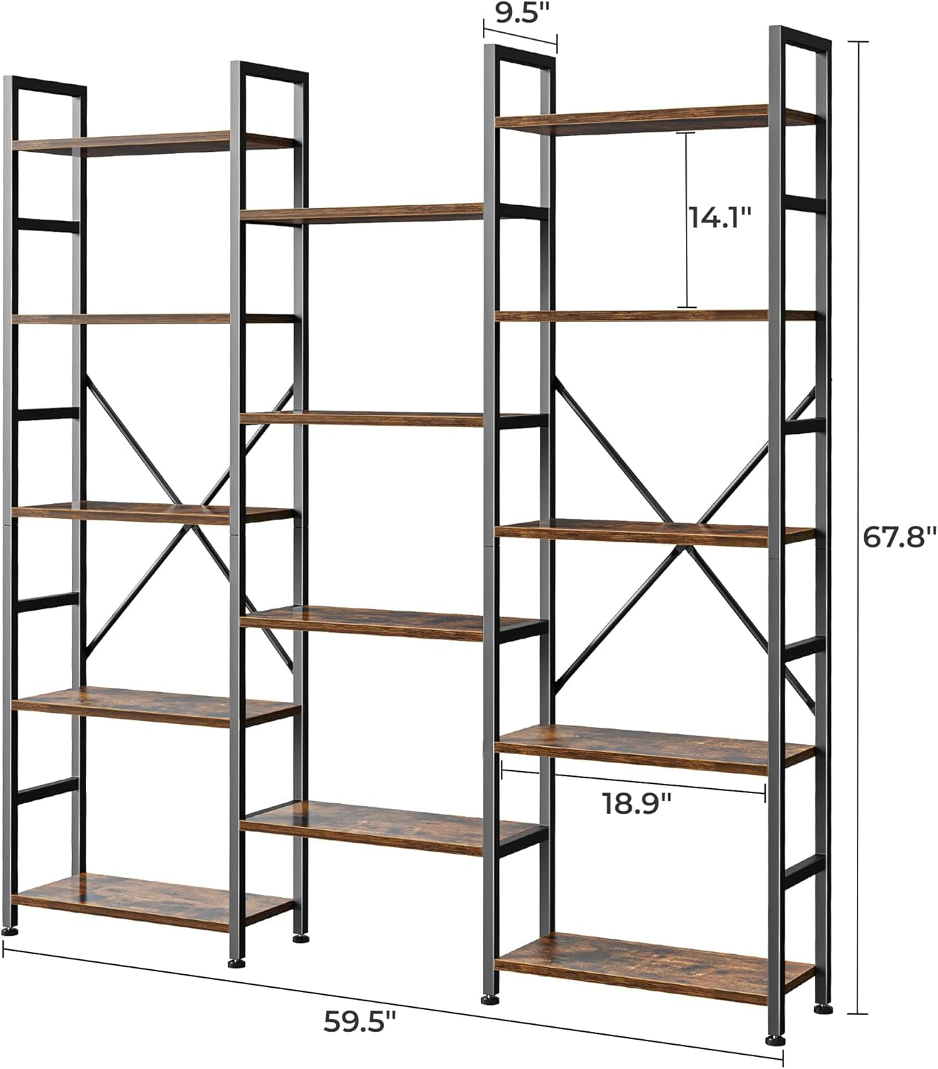 Triple Bookshelf, Bookcase with 11 Open Display Shelves, Wide Book Shelf Book Case for Home & Office, 5 Tier, Rustic Brown