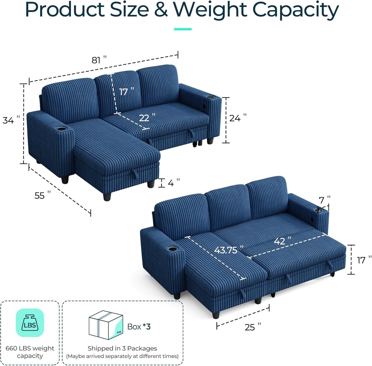 Sectional Sleeper Sofa Pull Out Couches for Living Room (Blue, Sleeper Sofa 1) | Pull Out Sofa Bed, Storage, USB Charging, Cup Holders, Plush Corduroy