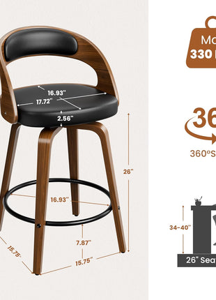 Set of 3 Counter Height Swivel Bar Stools, 26" with Bentwood Legs and Back, Mid-Century Modern Faux Leather Upholstery for Kitchen Island, Black