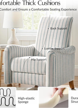 Farmhouse Recliner Armchair with Solid Wood Spindle Legs, Adjustable Backrest and Footrest, Comfortable High Back Single Sofa for Living Room, Blue Striped Design